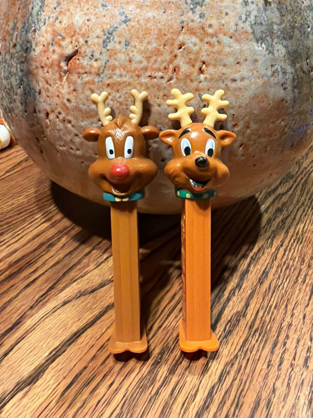 PEZ Christmas Reindeer Deer Footed Brown Stem Candy Dispenser Set of 2